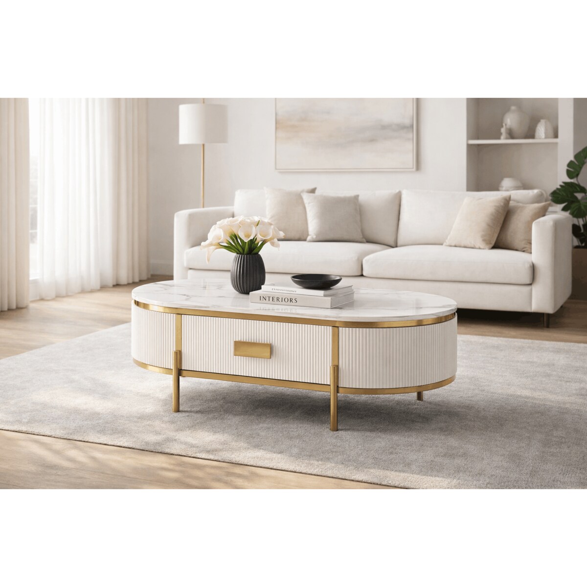 Stolik kawowy glamour z szufladą i marmurem Omega 124x71x48