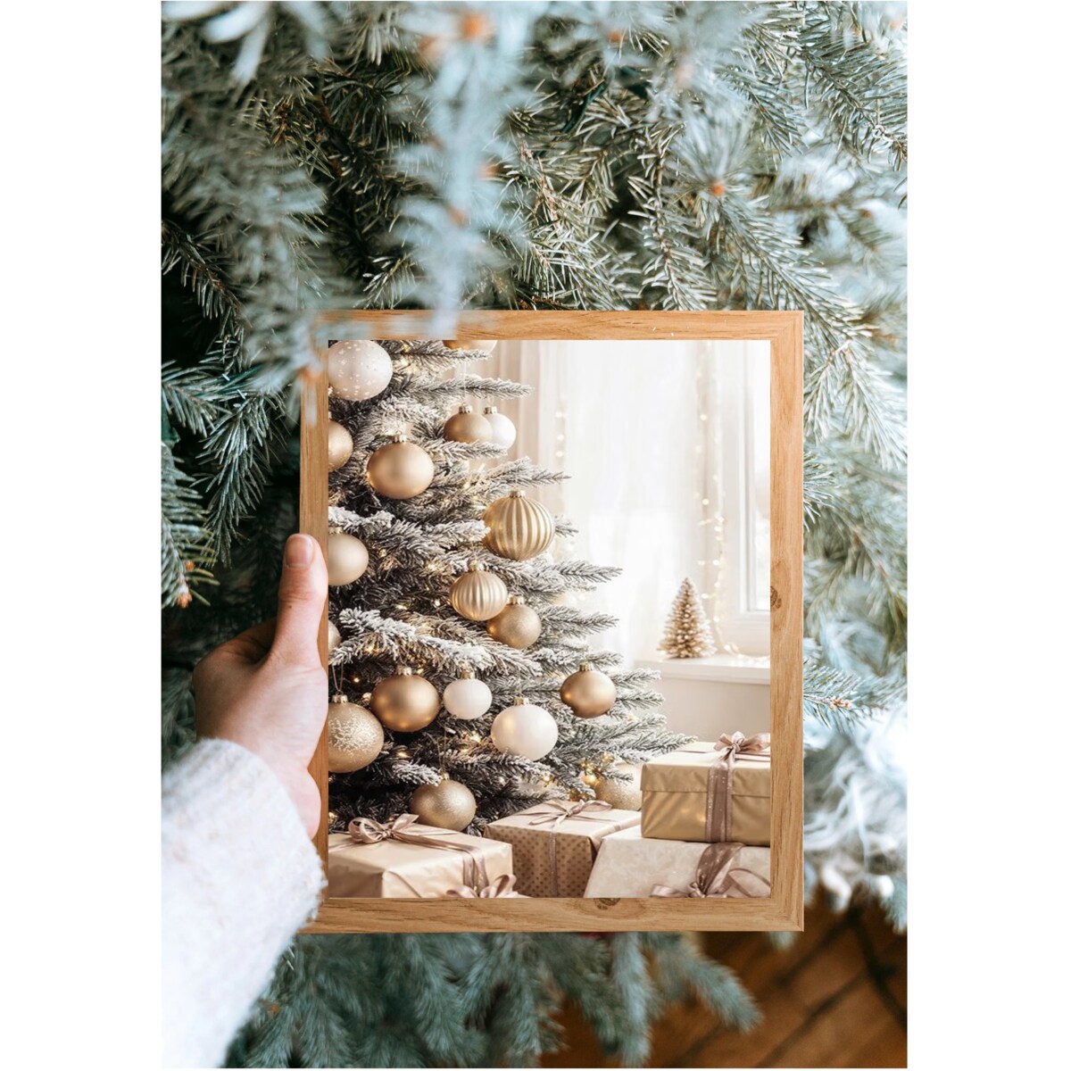 Poster Story, Plakat, Obraz - Choinka i Prezenty w Odcieniach Złota, wymiary 70 x 100 cm