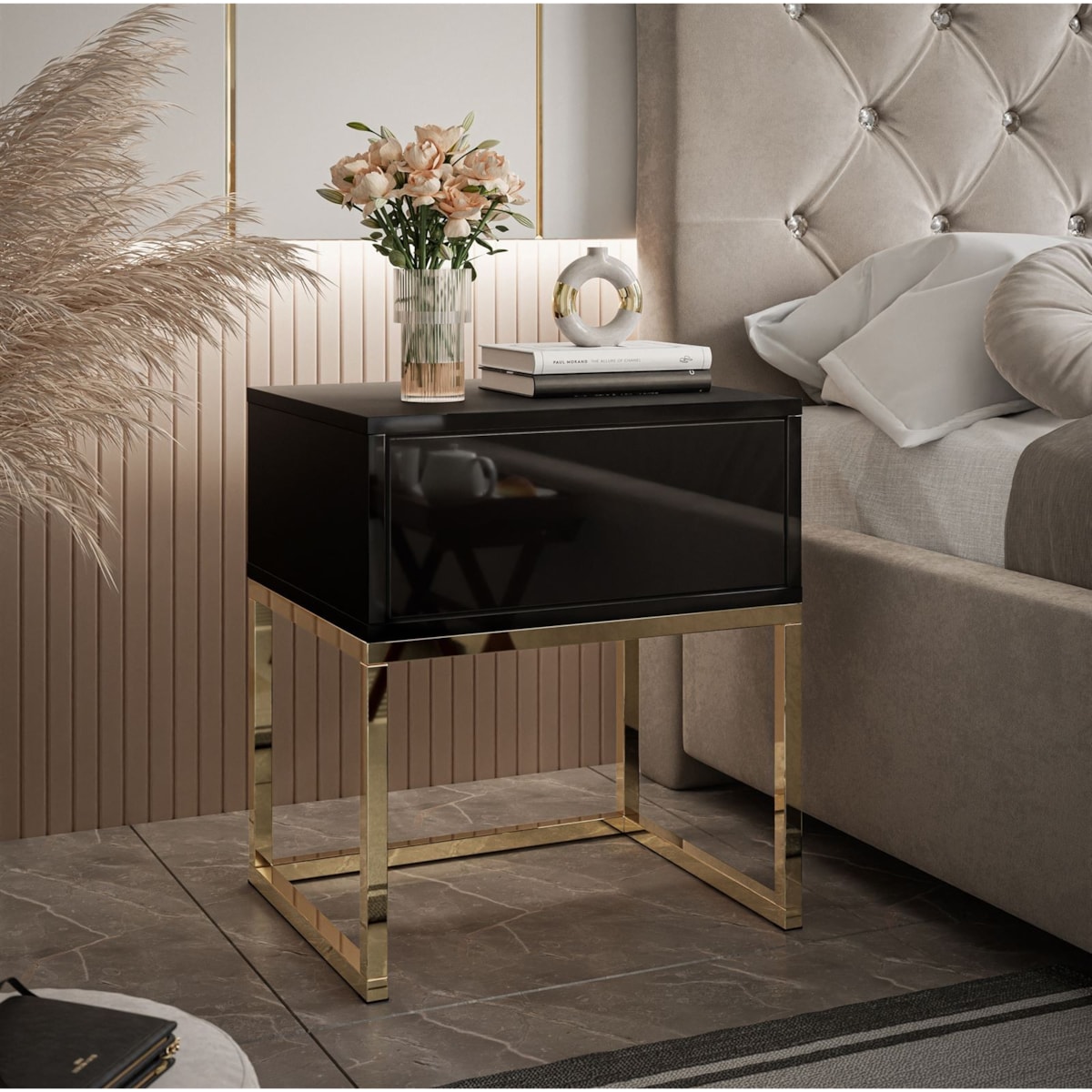 Stolik nocny BLANCO GOLD czarny high gloss na złotym chromowanym stelażu 45x52x36,6 cm