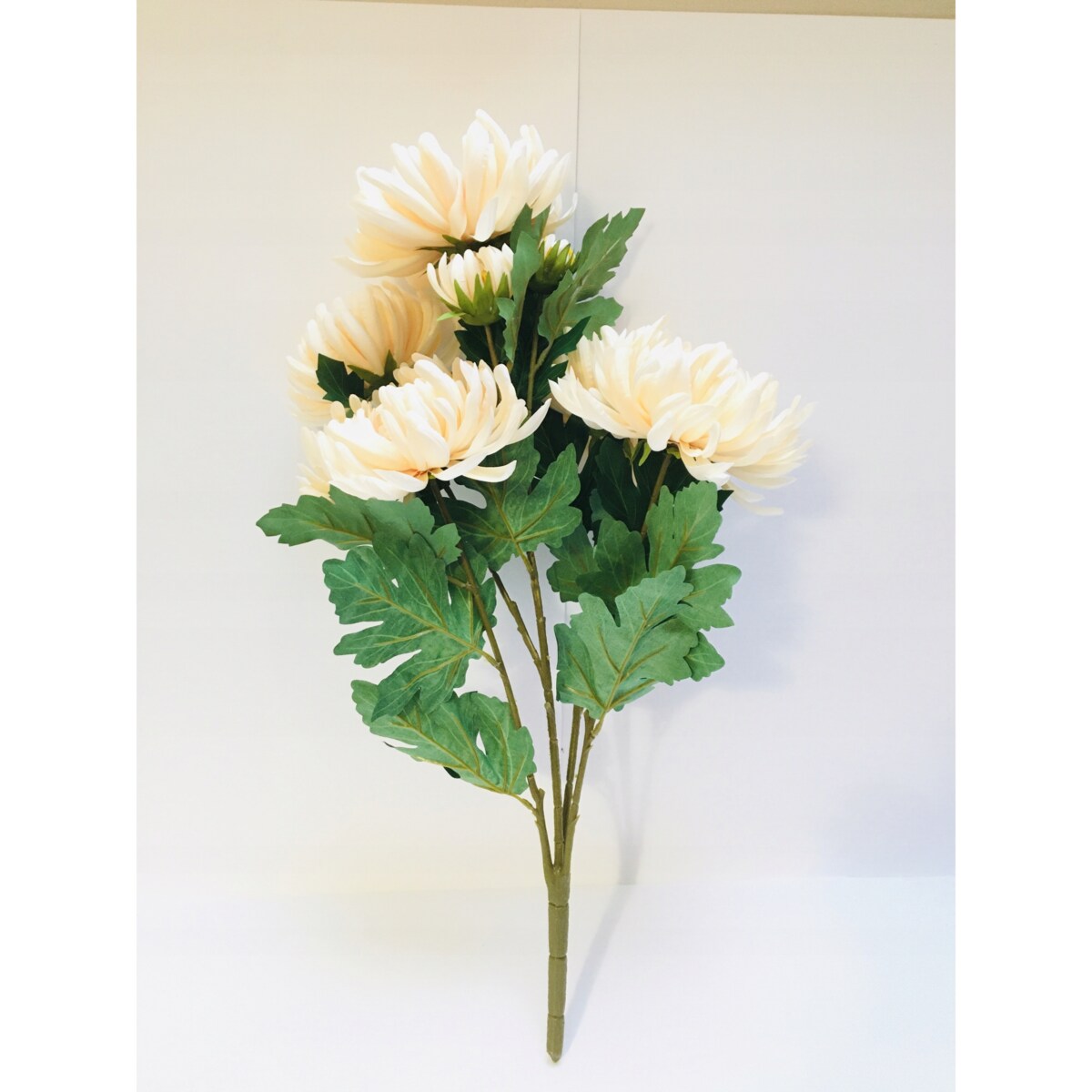BUKIET DUŻY chryzantemy sztuczne kremowe LIŚCIE do flakonu na cmentarz grób
