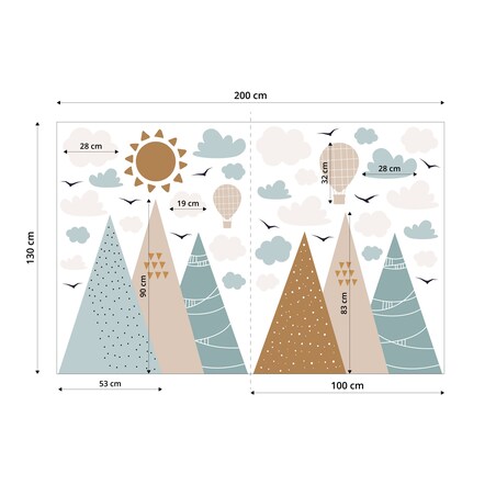 ZESTAW NAKLEJEK NA ŚCIANĘ DLA DZIECI KOLOROWE GÓRY CHMURY PTAKI STYL BOHO