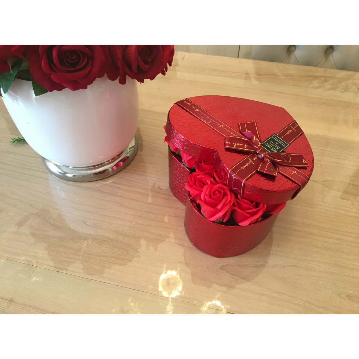 FLOWER BOX serce czerwona róża MYDLANE KWIATY PACHNĄCE prezent kobiet DUŻY
