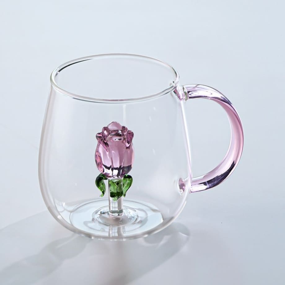 Szklanka ze szklanym tulipanem w środku, różowa rączka 400ml - SZK129