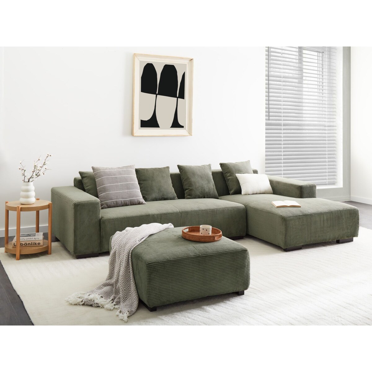 Sofa narożna z otomaną LUNGO Sztruks Zielony Lewostronny