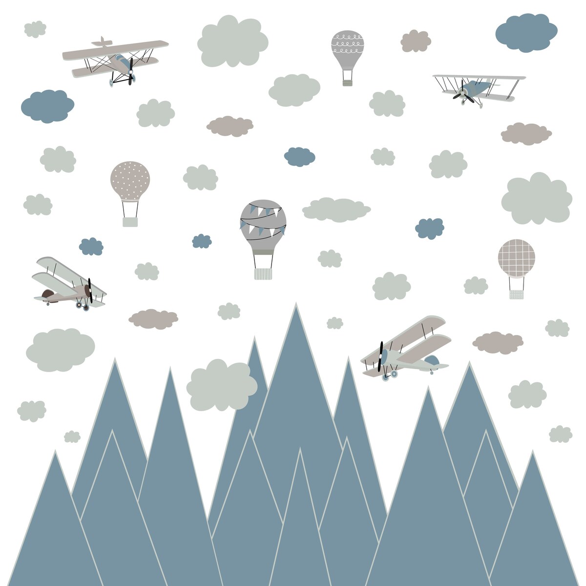 ZESTAW NAKLEJEK DLA DZIECI NIEBIESKIE GÓRY SAMOLOT BALONY CHMURY