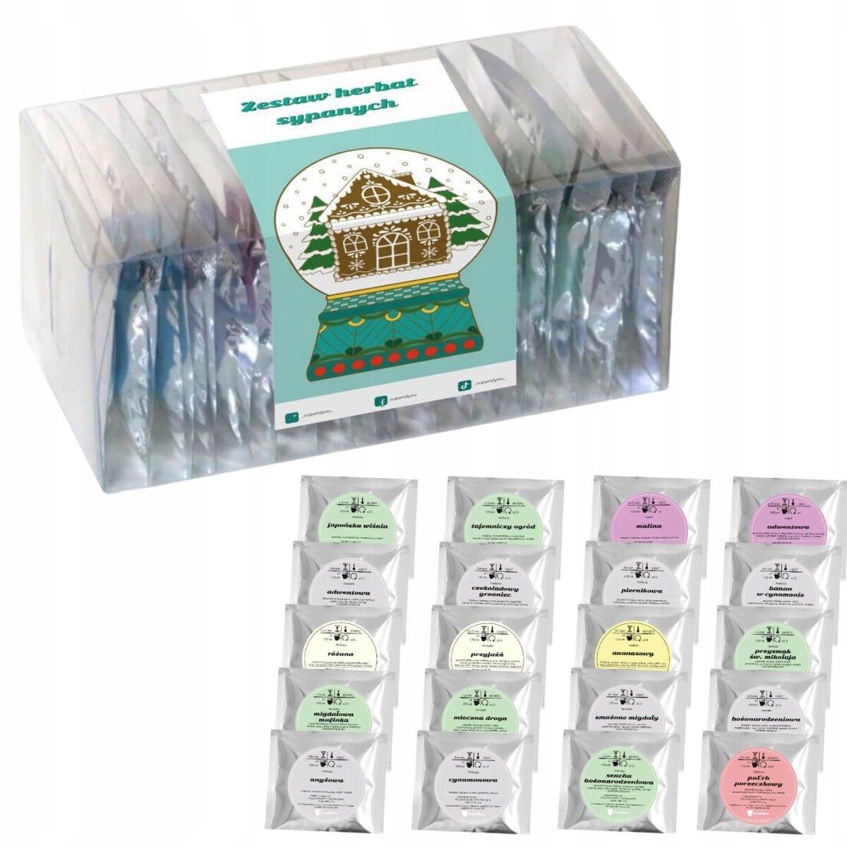 ŚWIĄTECZNY ZESTAW PREZENTOWY Z HERBATAMI 20 RÓŻNYCH SMAKÓW PREZENT UPOMINEK POD CHOINKĘ NA ŚWIĘTA GWIAZDKĘ MIKOŁAJA BOŻE NARODZENIE DLA KOBIETY FACETA MĘŻCZYZNY