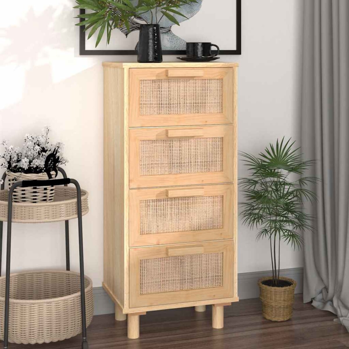 vidaXL Kredens, brązowa, 40x30x90 cm, lita sosna i naturalny rattan