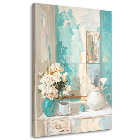 Obraz do salonu sypialni kuchni restauracji, Martwa natura bukiet w jasnych turkusowych odcieniach 70x100 cm