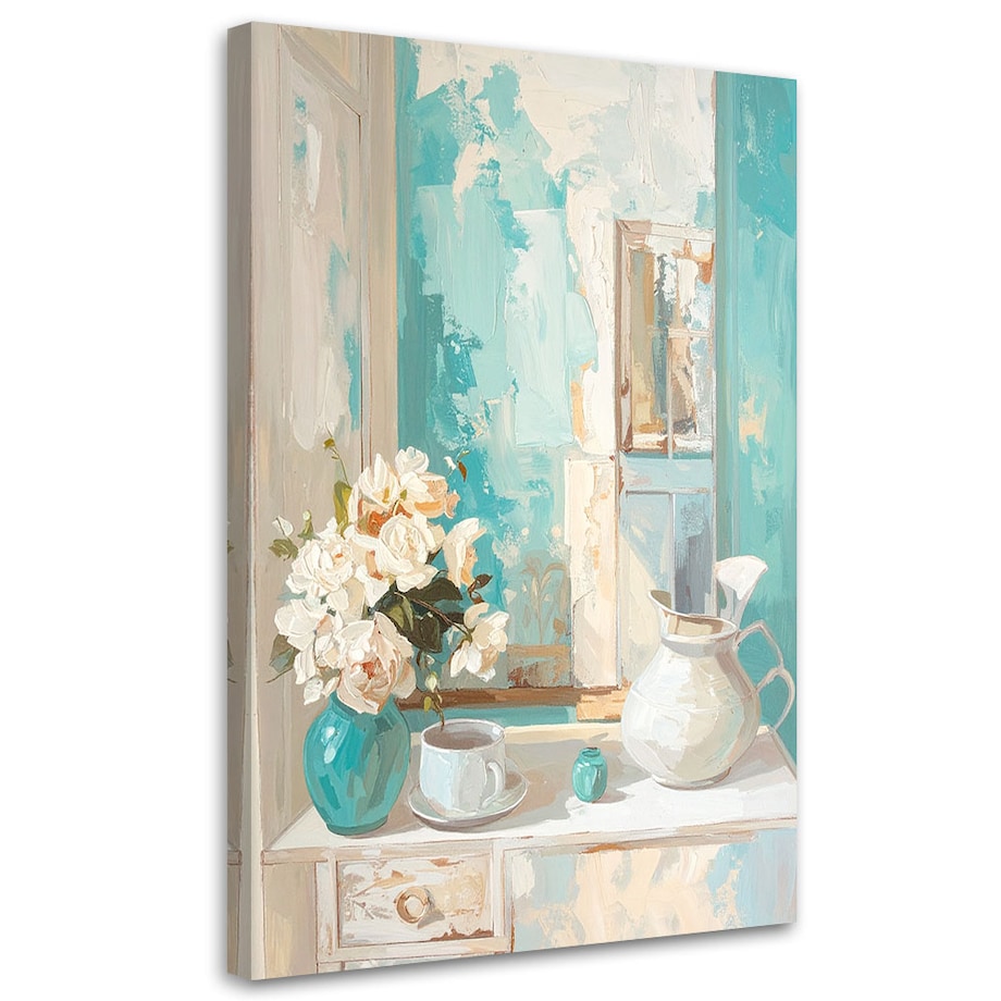 Obraz do salonu sypialni kuchni restauracji, Martwa natura bukiet w jasnych turkusowych odcieniach 70x100 cm