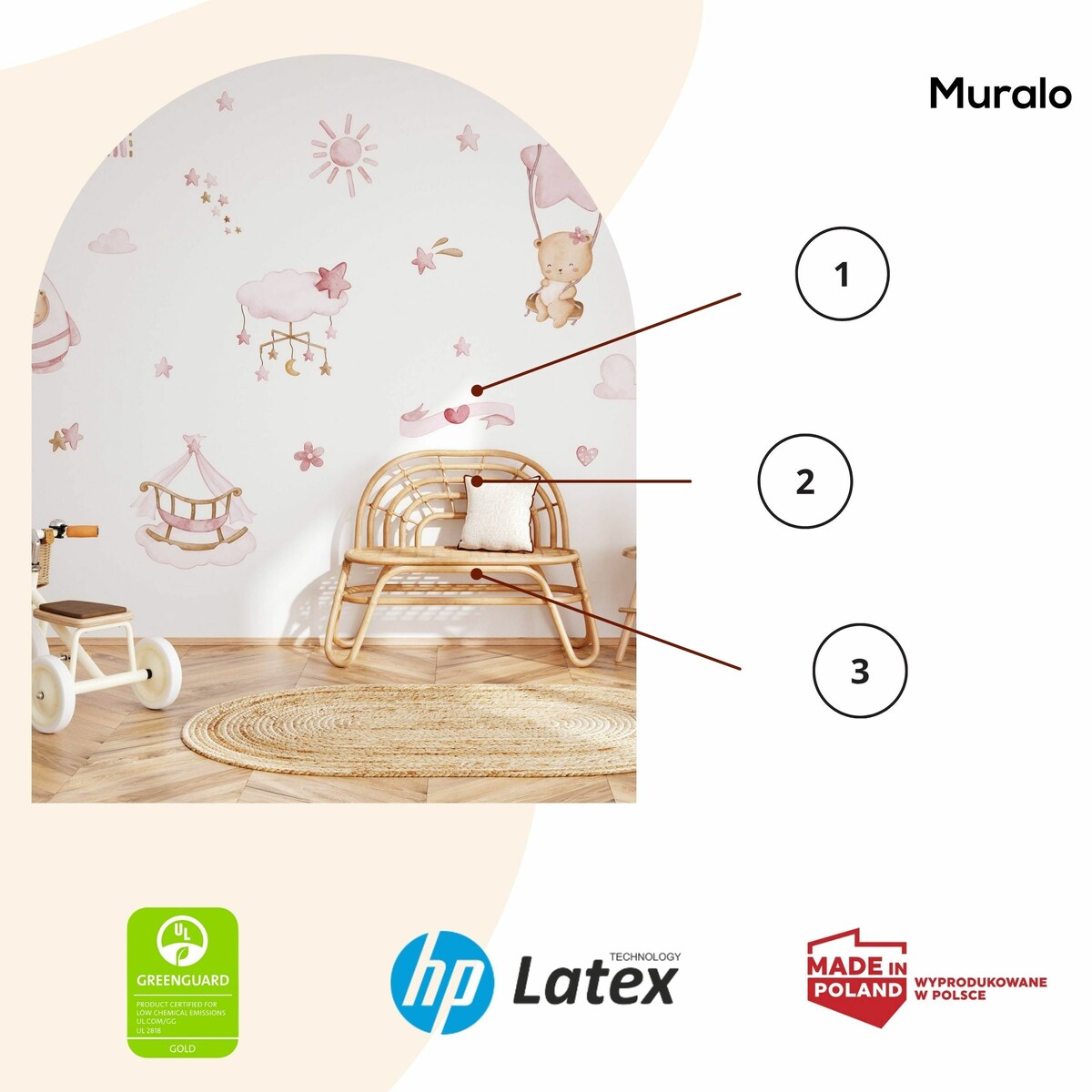 Naklejki Na Ścianę Dla Dzieci Misie Różowe Chmurki Rakieta Styl Boho ZESTAW 120x60cm