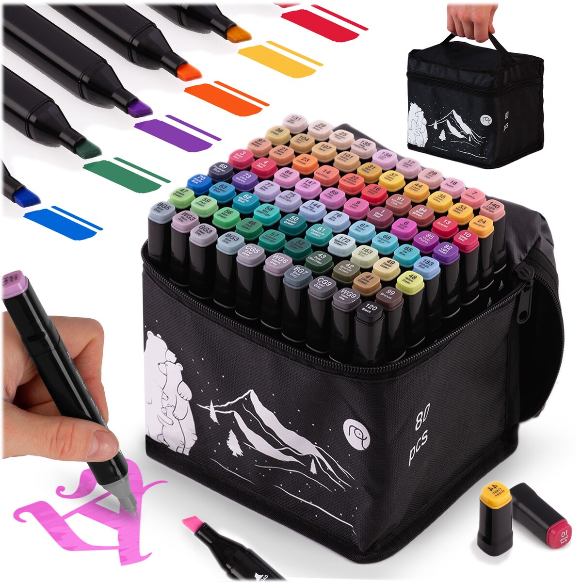 Markery 80 szt dwustronne flamastry pisaki mazaki + torba Nukido