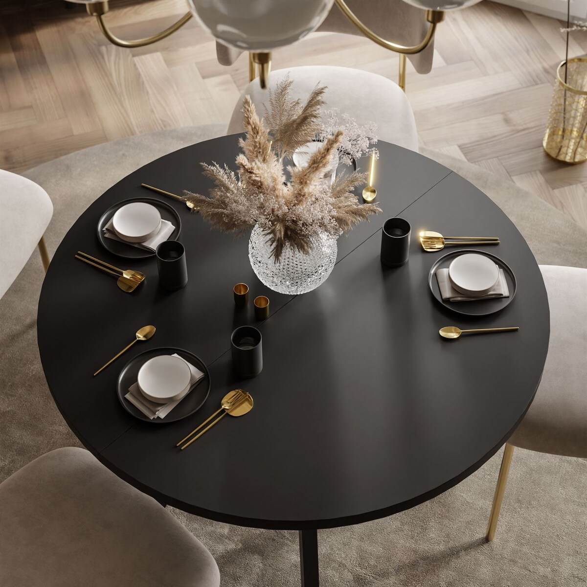 Okrągły stół rozkładany VOLTA MATT, nogi czarne, blat czarny