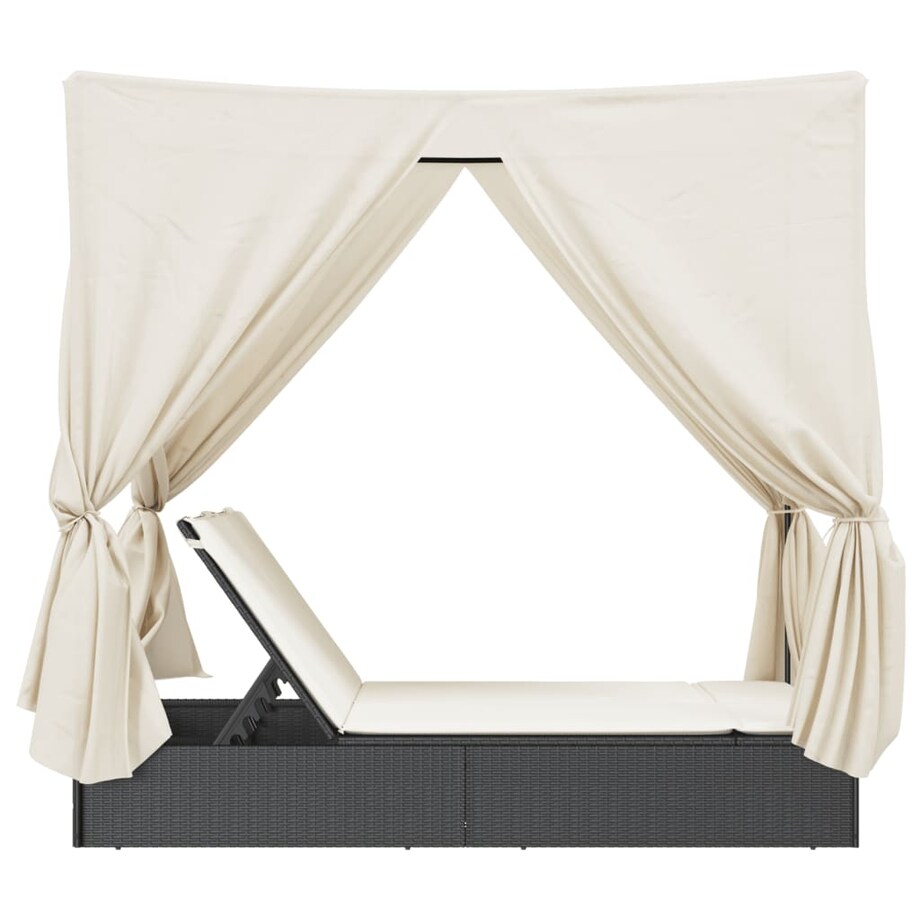 vidaXL Podwójna leżanka z daszkiem i zasłonami, czarny polirattan