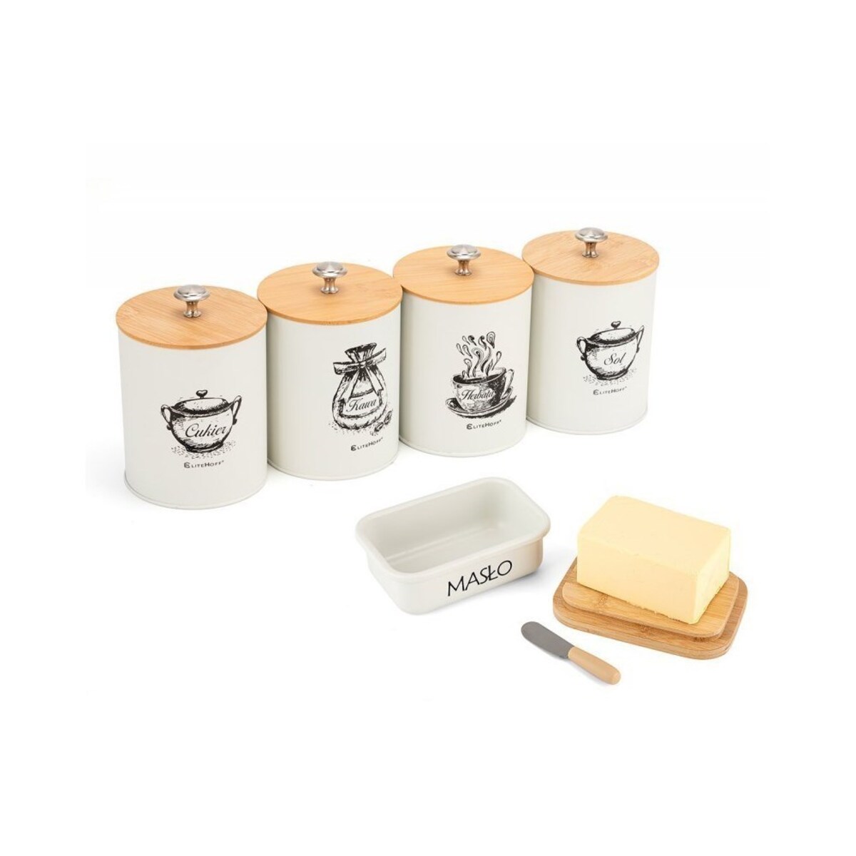 Elitehoff zestaw 4 pojemników kuchennych i maselniczka 49317