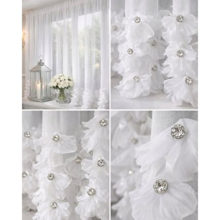 Firana PŁATKI CRYSTAL 3D SZYFON biała z CYRKONIAMI | 400X90 cm PRZELOTKA