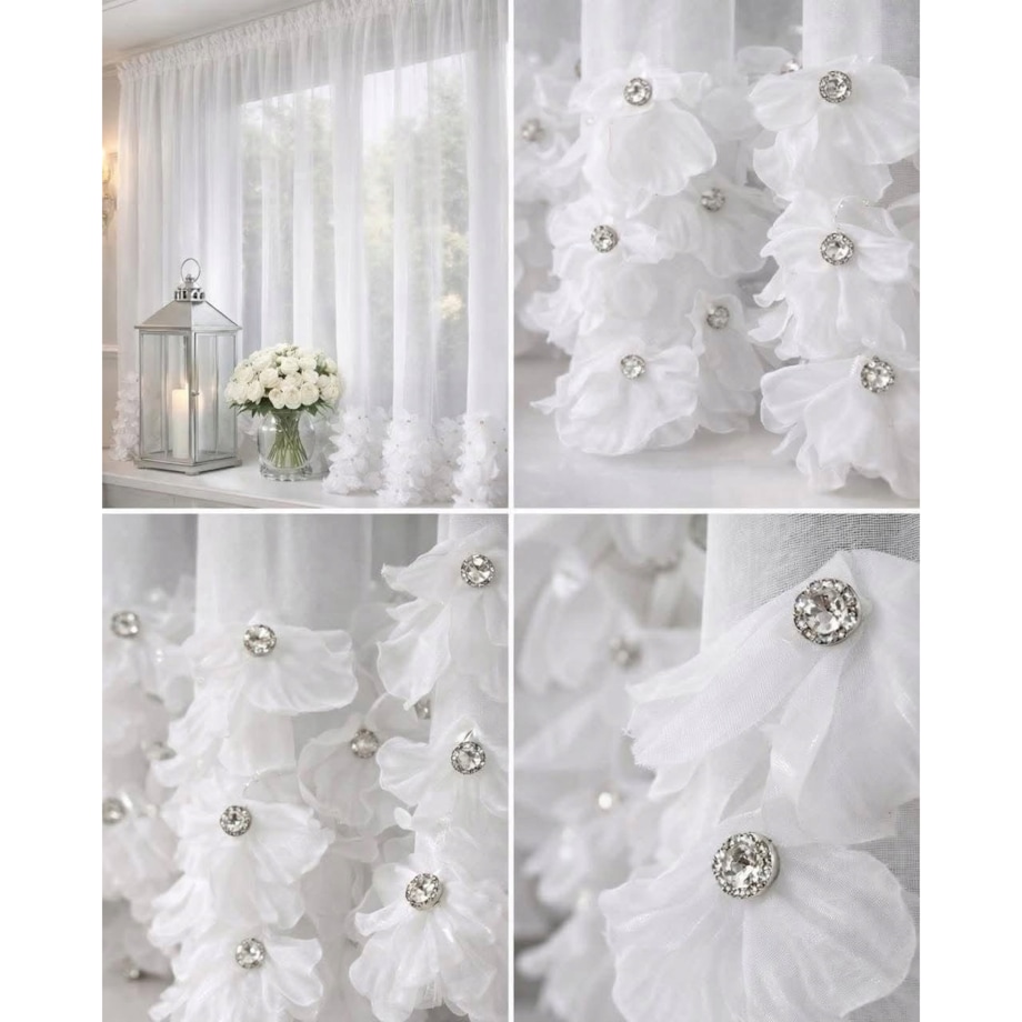 Firana PŁATKI CRYSTAL 3D SZYFON biała z CYRKONIAMI | 400X90 cm PRZELOTKA