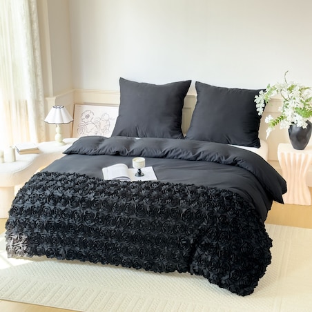 komplet pościeli "bella rosa" z aplikacją 3d róże mikrofibra 160x200 | czarny