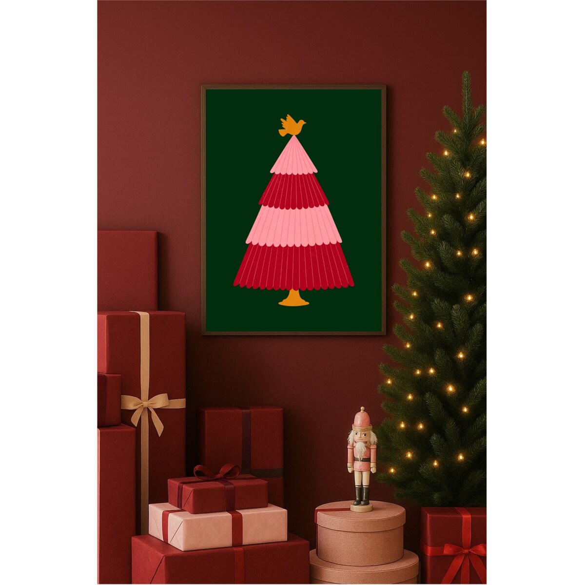 Poster Story, Plakat, Obraz - Kolorowa Choinka z Gołąbkiem, wymiary 70 x 100 cm