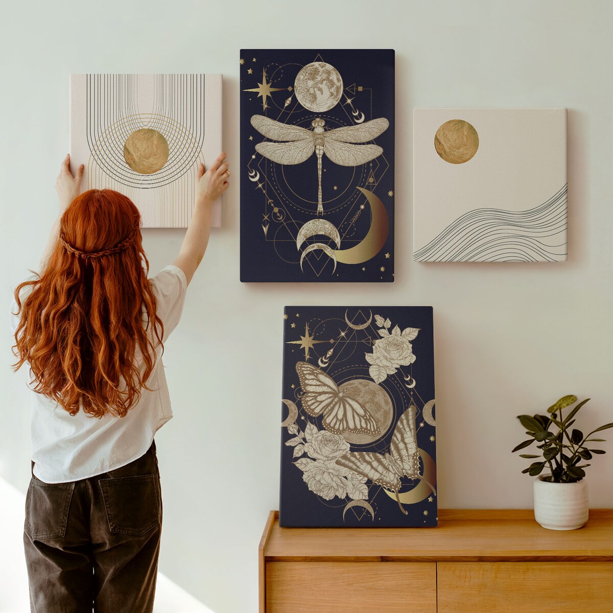 Zestaw 4 obrazów na płótnie - Motywy przyrody z księżycem - granatowy