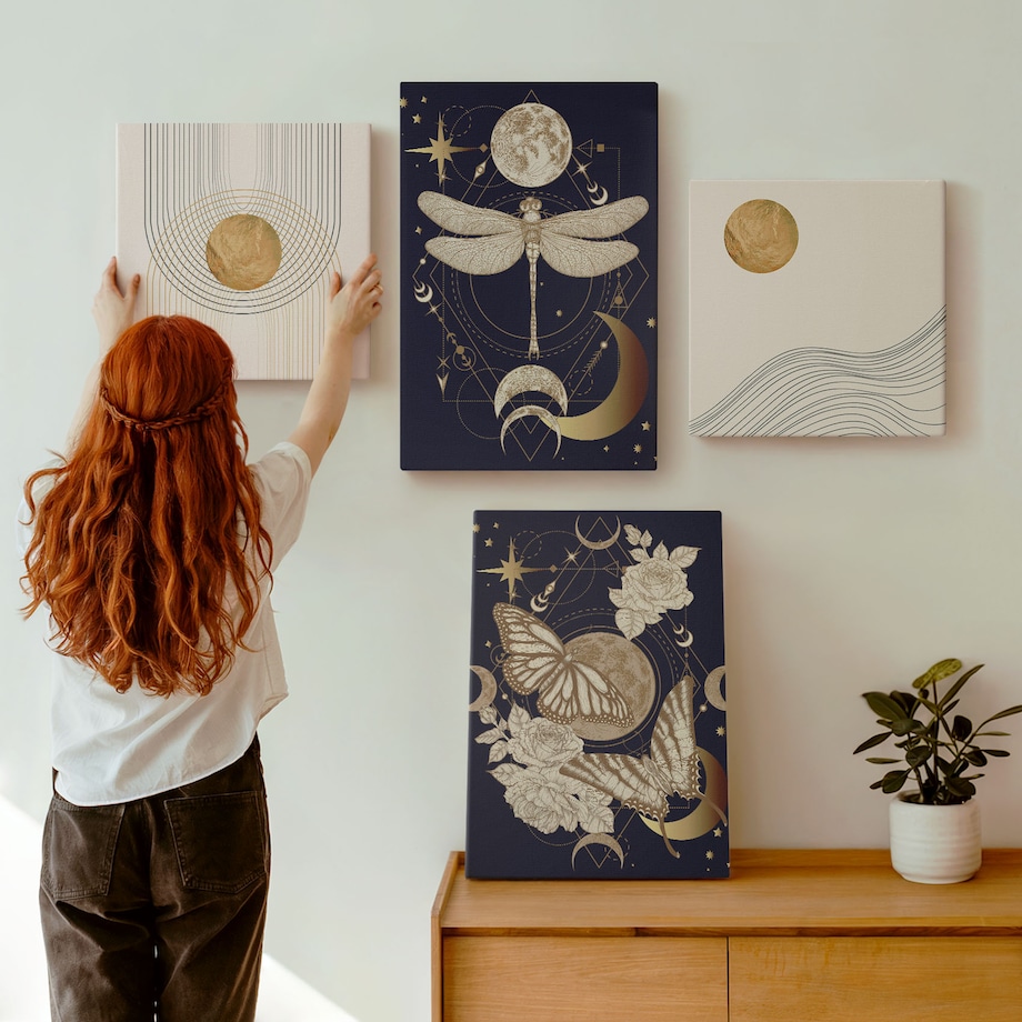 Zestaw 4 obrazów na płótnie - Motywy przyrody z księżycem - granatowy