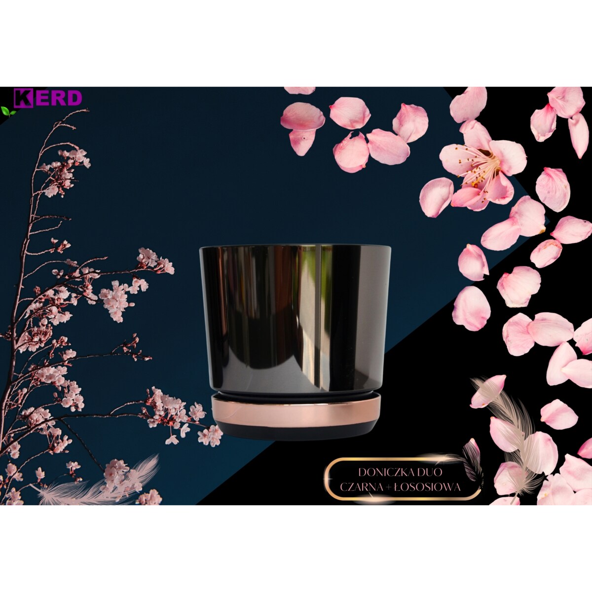 32 Doniczka DUO CZARNA z podstawką ŁOSOSIOWA dwukolorowa nowoczesna industrialny loft glamour wysoki połysk metaliczna elegancka dużą donica