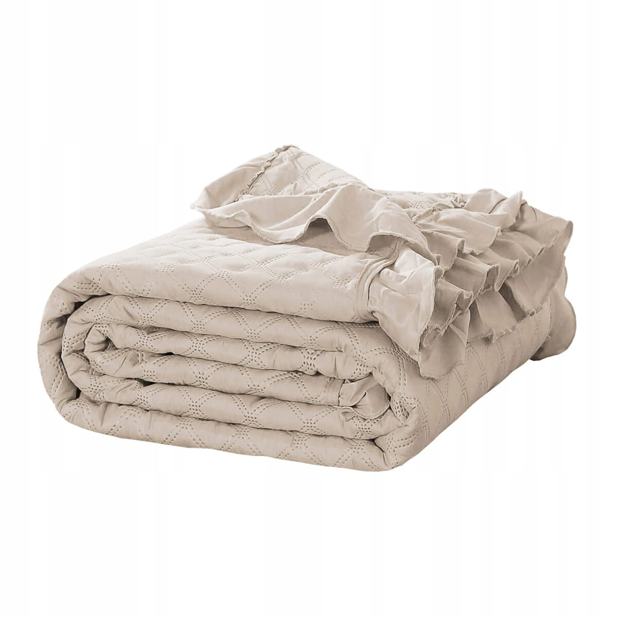 Beżowa Narzuta Pikowana z Falbanką 240 x 260 Duży XXL Koc Pled Elegancki Loft