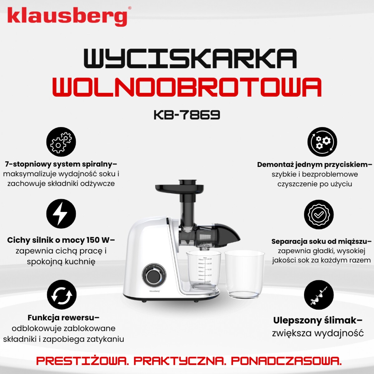 Sokowirówka wolnoobrotowa 150W do owoców i warzyw COLD PRESS KLAUSBERG KB-7869