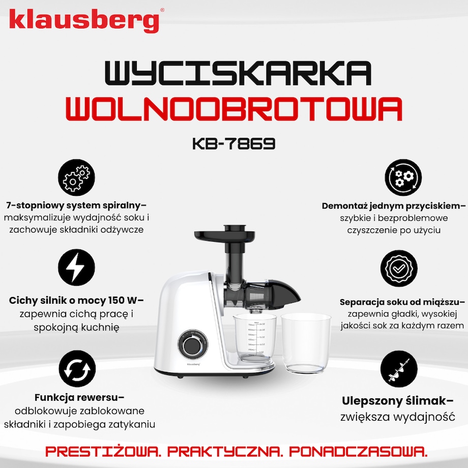 Sokowirówka wolnoobrotowa 150W do owoców i warzyw COLD PRESS KLAUSBERG KB-7869