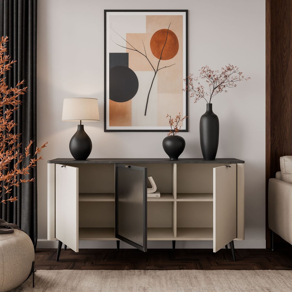 Komoda na nóżkach AUTUMN 2D1W z przeszklonym frontem, kaszmir / szary kmaień