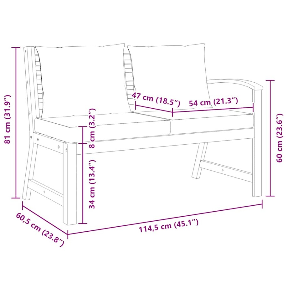vidaXL Ławka ogrodowa, 114,5 cm, kremowe poduszki, drewno akacjowe