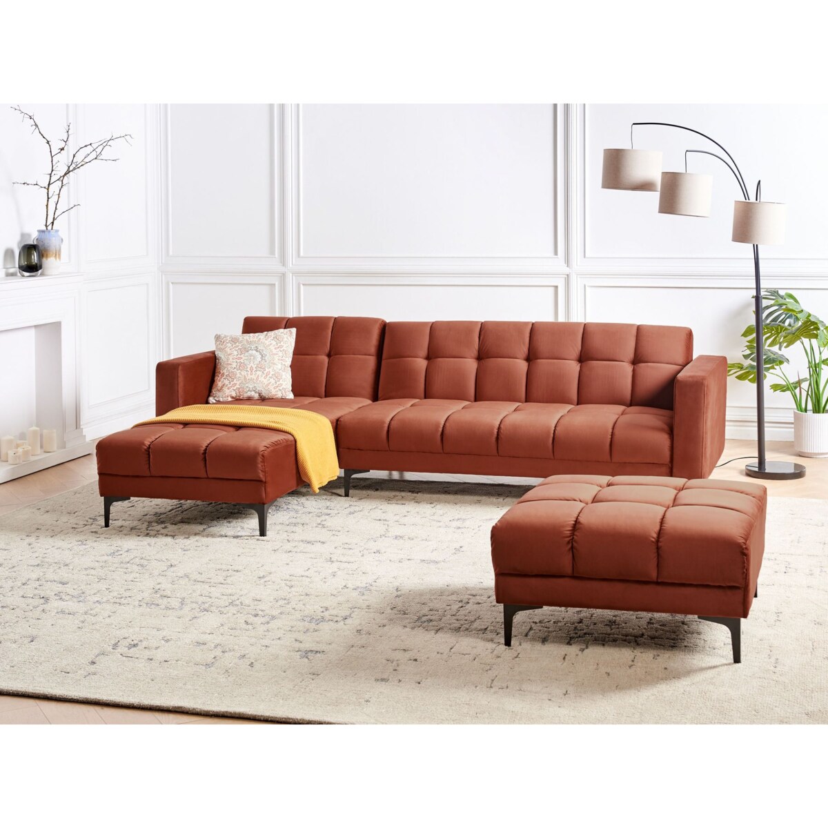 Sofa narożna prawostronna z otomaną ALNES Jasnoczerwony Welur Prawostronny