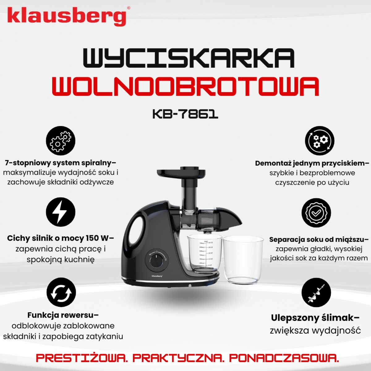 Sokowirówka wolnoobrotowa 150W do owoców i warzyw COLD PRESS KLAUSBERG KB-7861