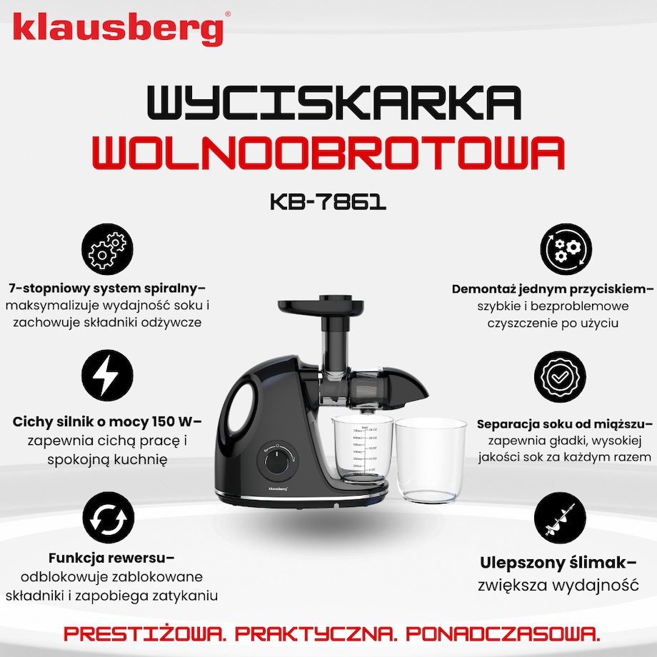Sokowirówka wolnoobrotowa 150W do owoców i warzyw COLD PRESS KLAUSBERG KB-7861