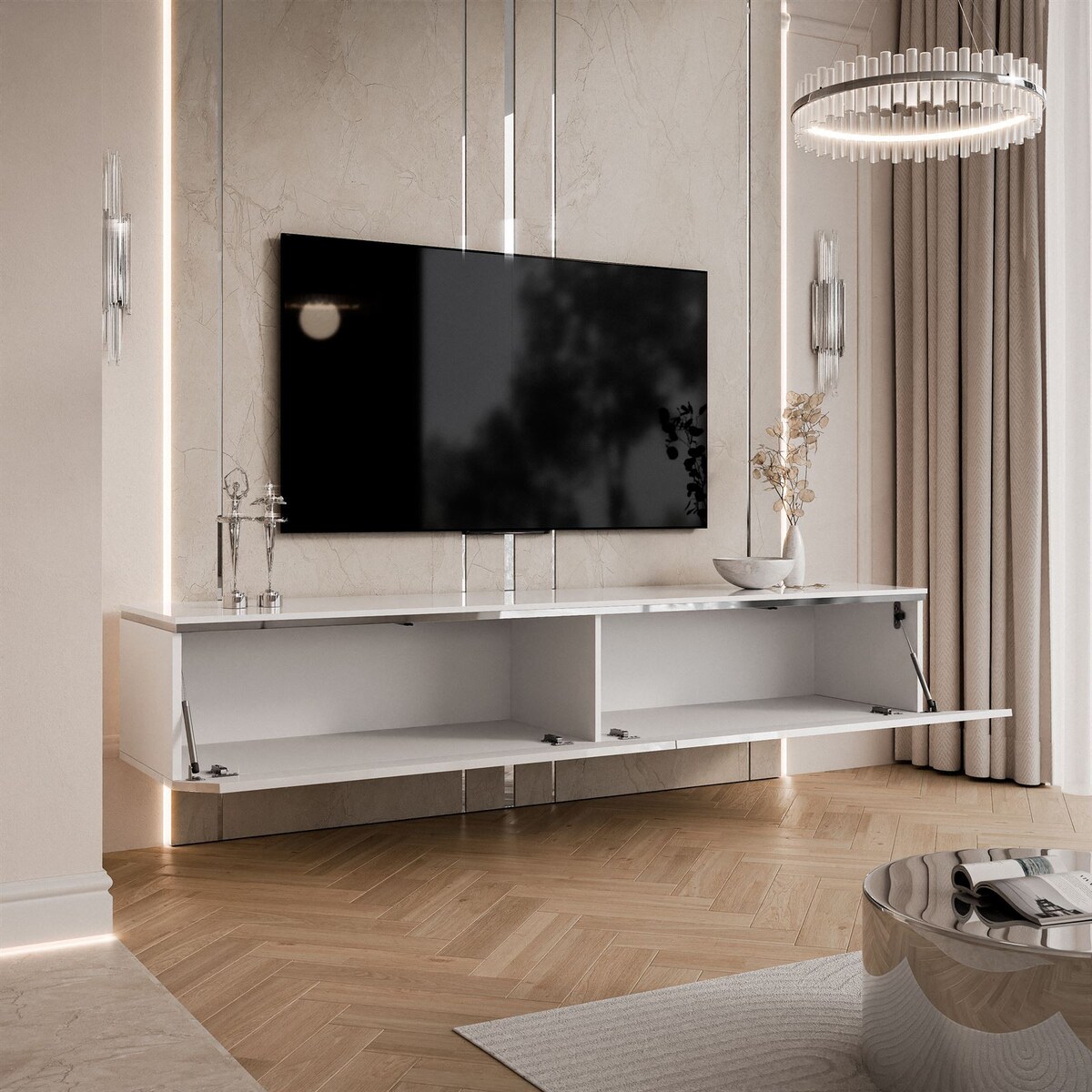 Szafka RTV AURORA SILVER 180 cm biały połysk wisząca