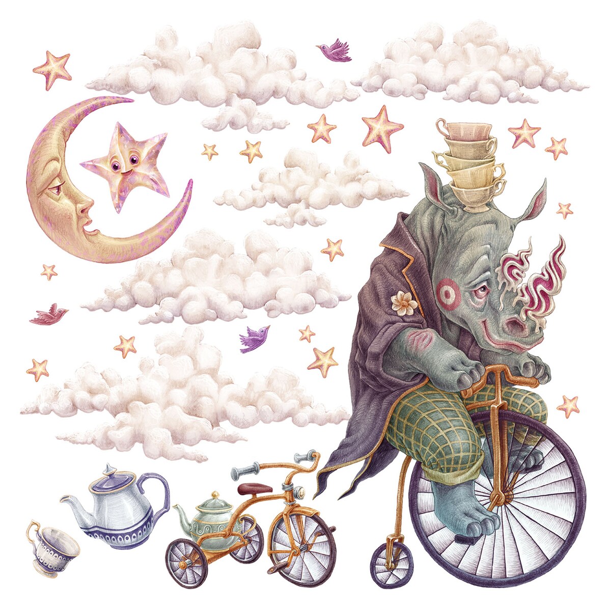 Zestaw naklejek na ścianę, Pastelowe zwierzęta z bajki - nosorożec, 80cm