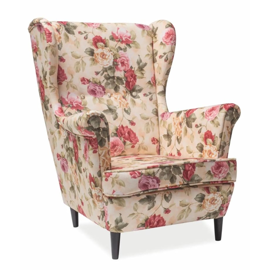 Fotel uszak LORD kwiaty/beżowy