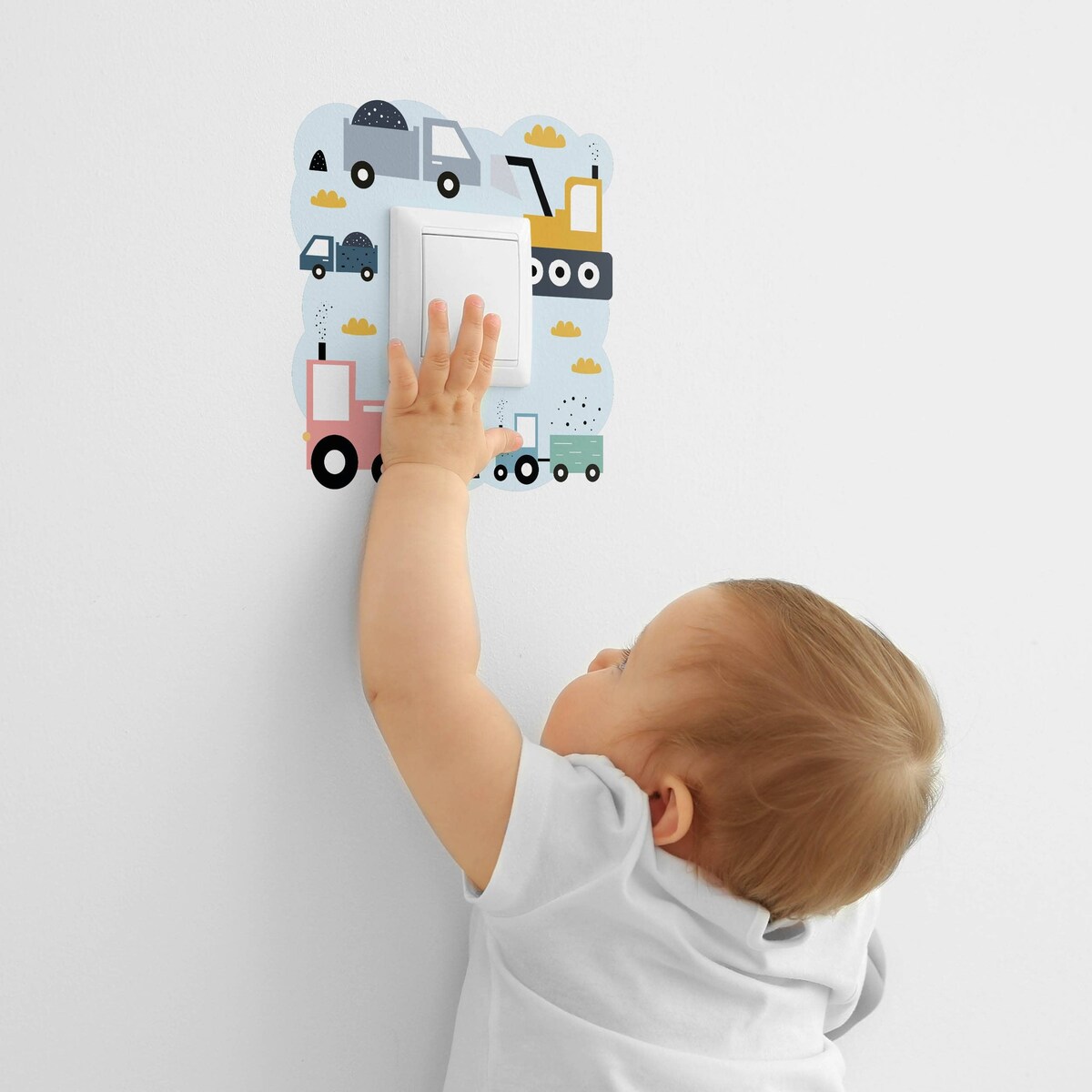 Naklejka Pod Kontakt Dla Dzieci Maszyny Budowlane Chmurki Styl Skandynawski 20x20cm