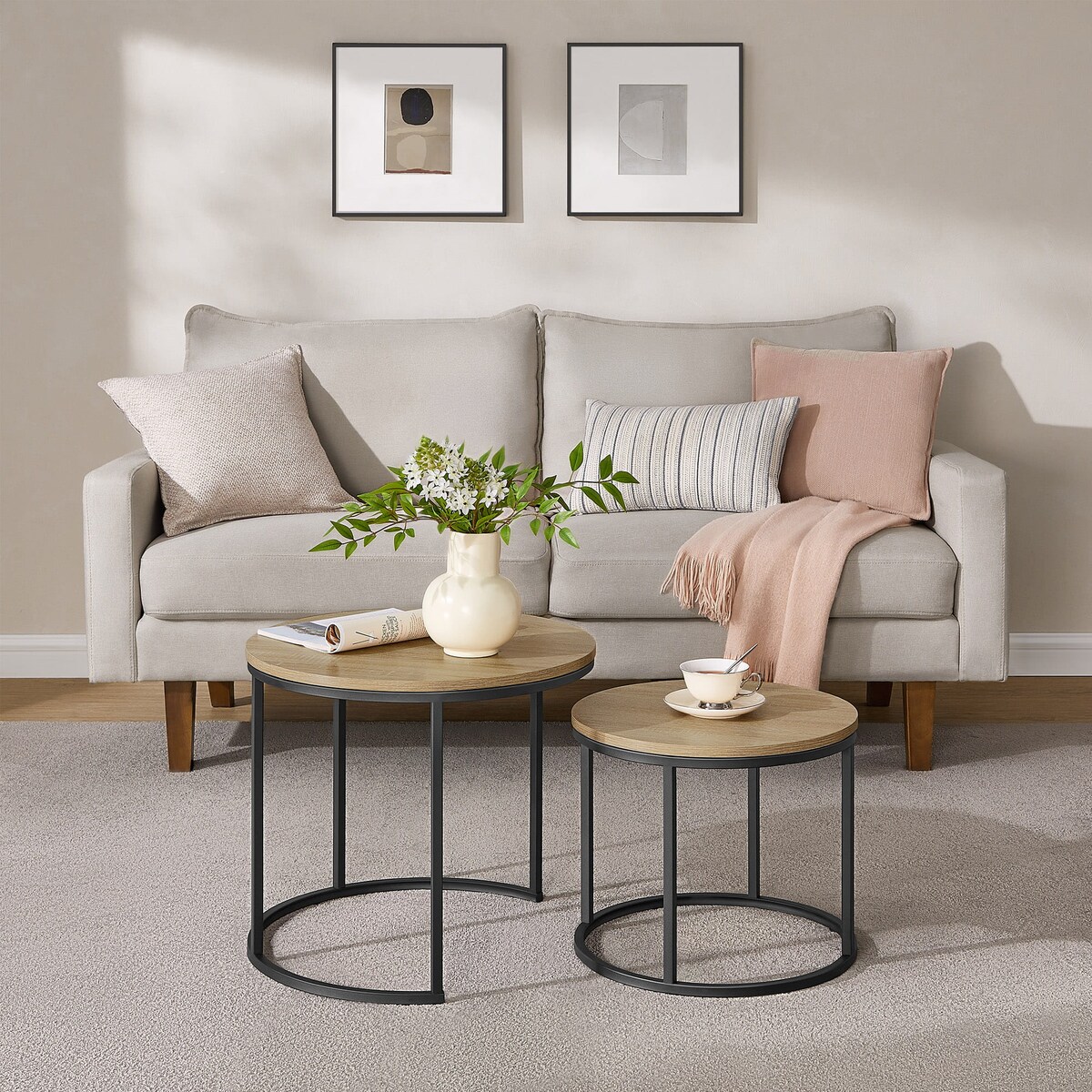 Stolik Kawowy Okrągły 2 Sztuki Dąb, Czarny