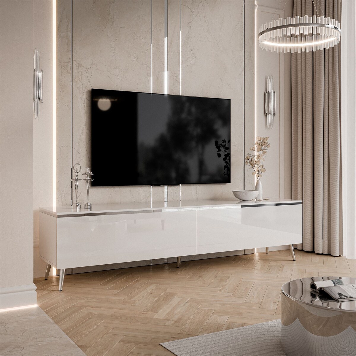 Szafka RTV AURORA SILVER 180 cm biały połysk nogi skośne LED