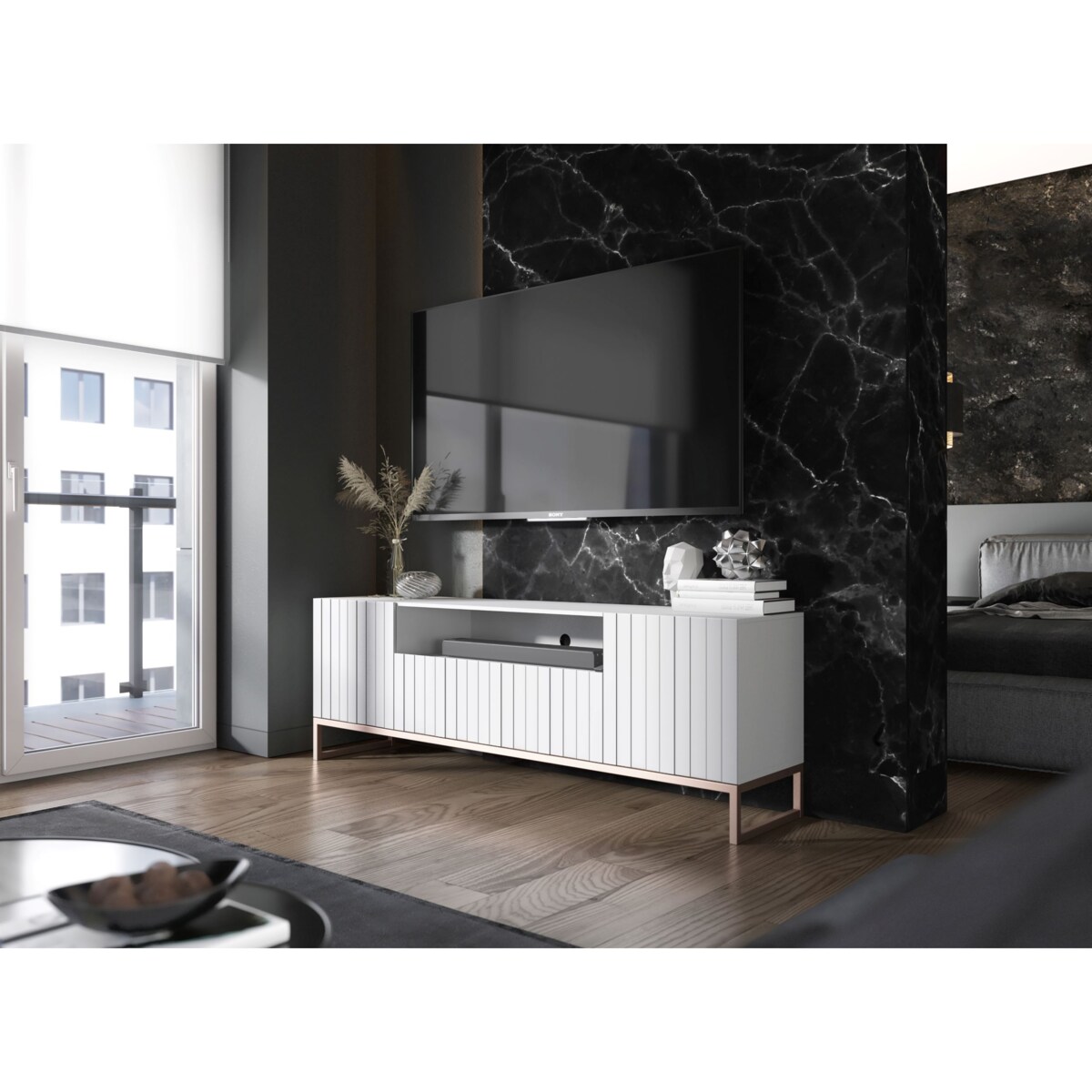 Nowoczesna Szafka RTV Glamour Komoda RTV Glamour Biały Mat 150 cm