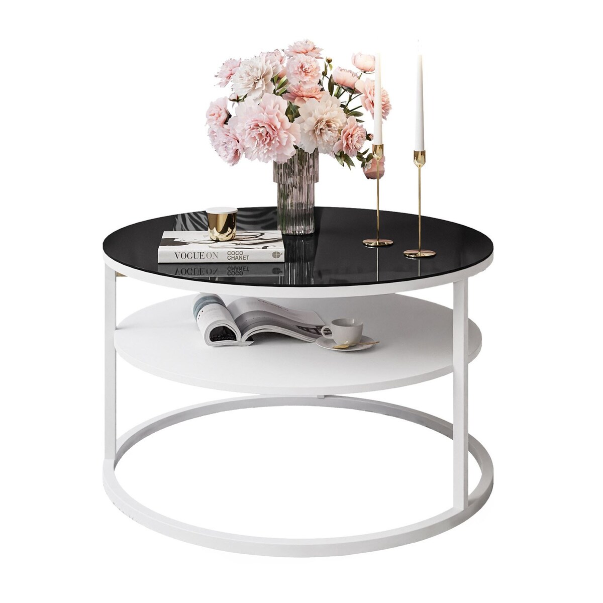 Stolik kawowy CIRI z półką biały czarne szkło