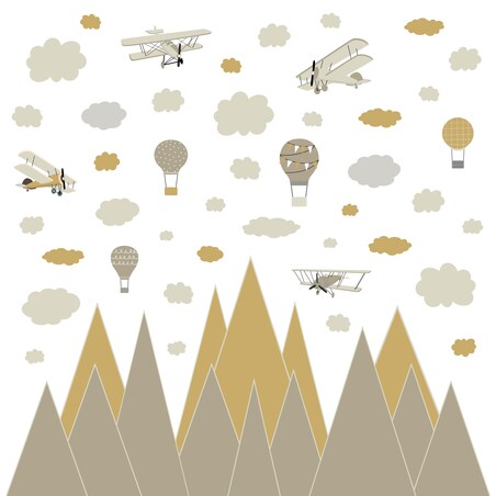 NAKLEJKI NA ŚCIANĘ DLA DZIECI BRĄZOWE GÓRY BALONY SAMOLOTY VINTAGE ZESTAW