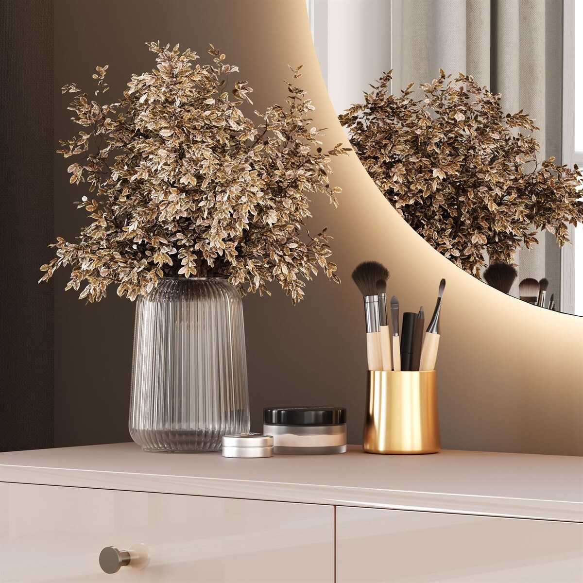 Toaletka BLANCO GLAMOUR KASZMIR na chromowanym stelażu z lustrem LED, uchwyt srebrny