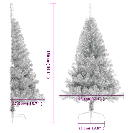 vidaXL Sztuczna choinka połówka ze stojakiem, srebrna, 150 cm, PET
