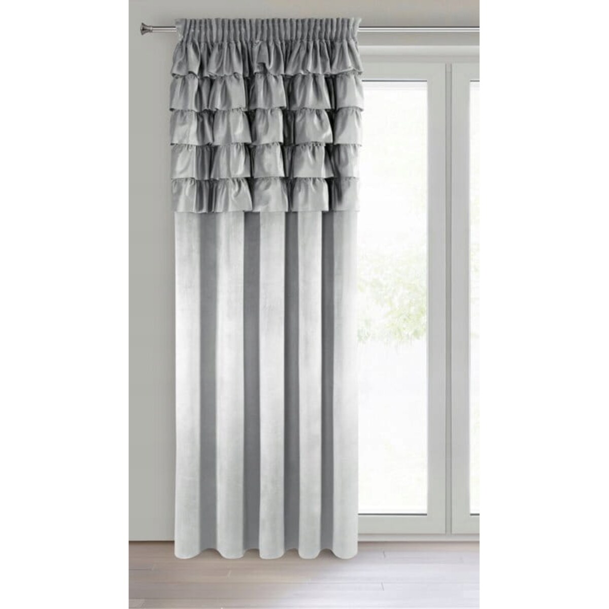 Zasłona WELUROWA Gotowa na TAŚMIE z FALBANAMI Aura 140 x 270 SREBRNA