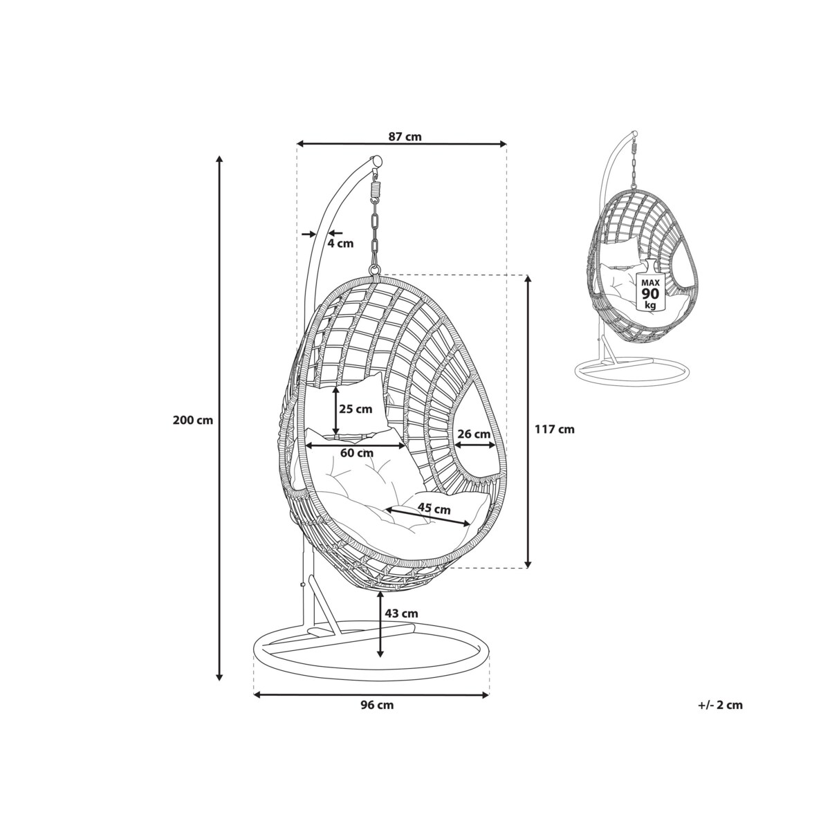 Fotel wiszący ze stojakiem z technorattanu beżowoszary ARPINO