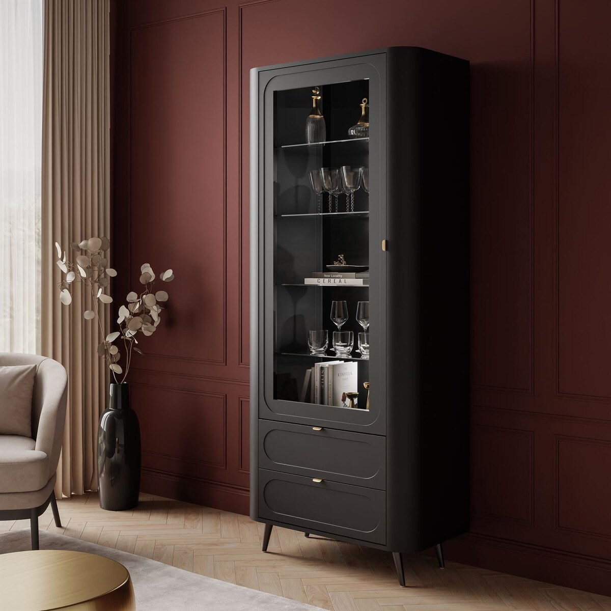 Przeszklona witryna SHADOW II z półkami, oświetlenie LED, nóżki skośne czarne