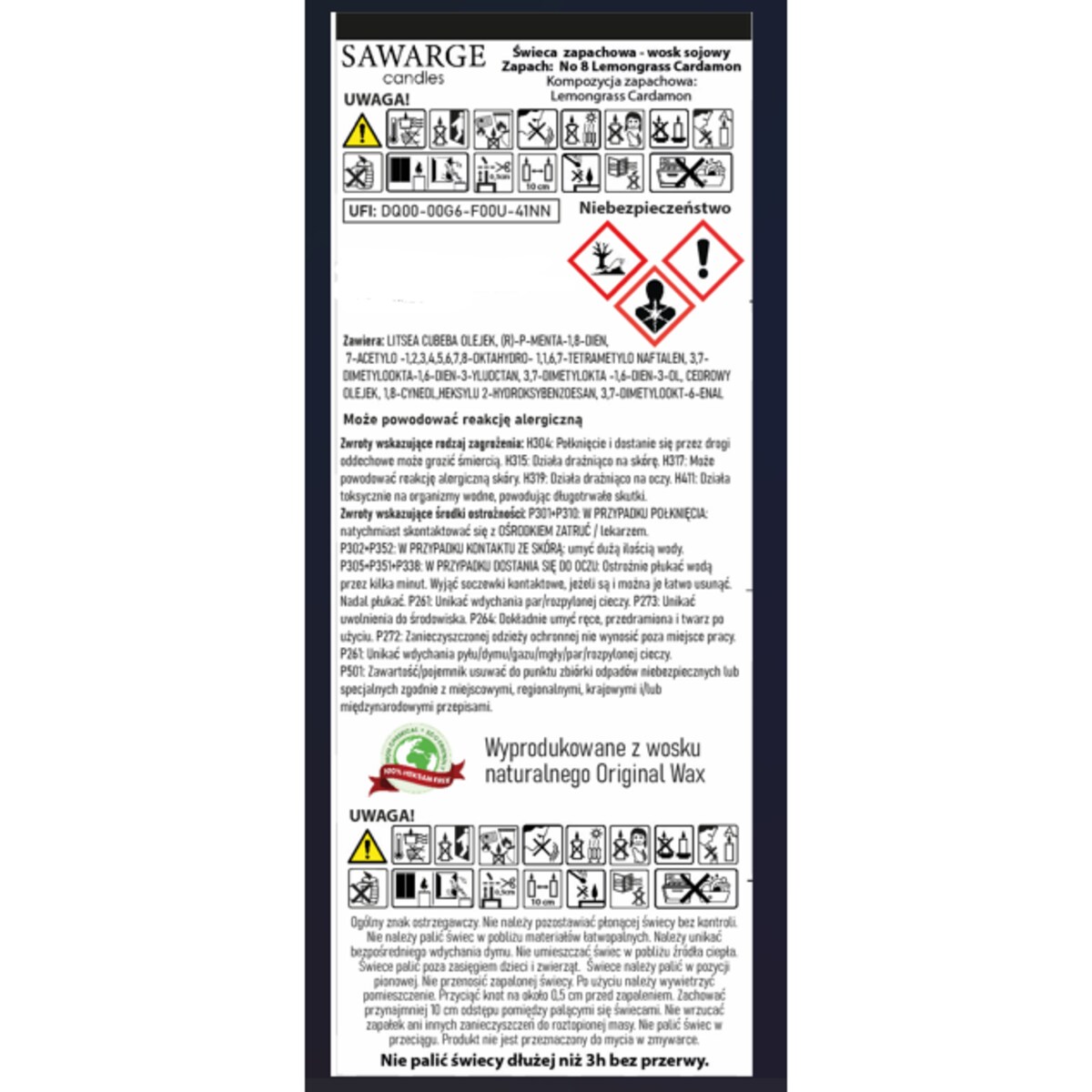 Świeca Zapachowa Sojowa No8 / Drewniany Knot/40h/Trawa Cytrynowa Kardamon 200g