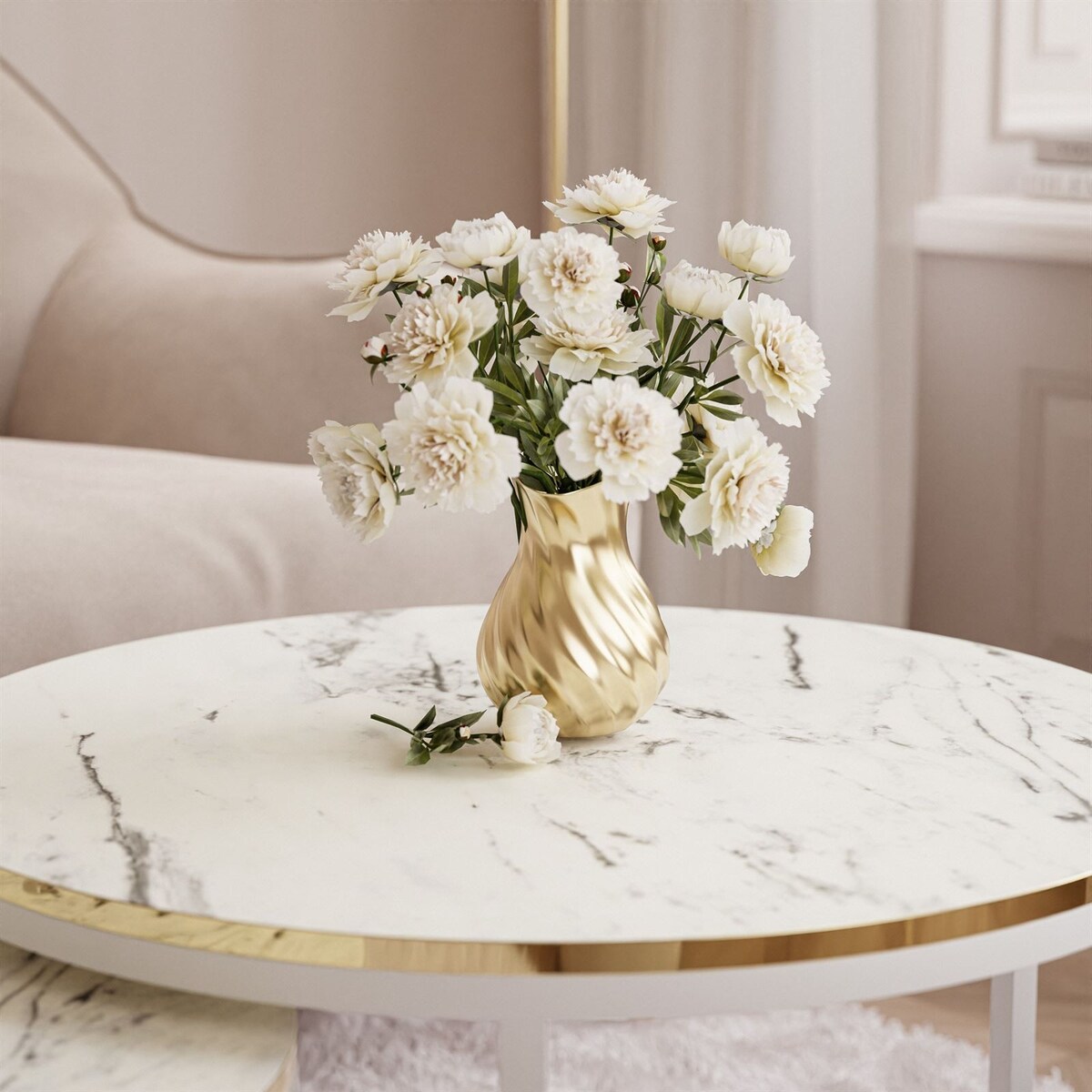 Okrągły stolik kawowy SOLEIL 2w1 biały marmur carrara