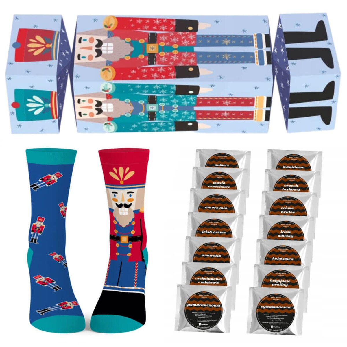 ŚWIĄTECZNY CRACKER Z 14 KAWAMI SMAKOWYMI I SKARPETKAMI "HOLIDAY WONDERLAND" - PREZENT UPOMINEK NA MIKOŁAJA ŚWIĘTA GWIAZDKĘ BOŻE NARODZENIE POD CHOINKĘ DLA KOBIETY FACETA